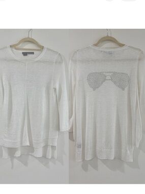Anthropologie 360 SWEATER  linen lightweight sweater studded decor white XS